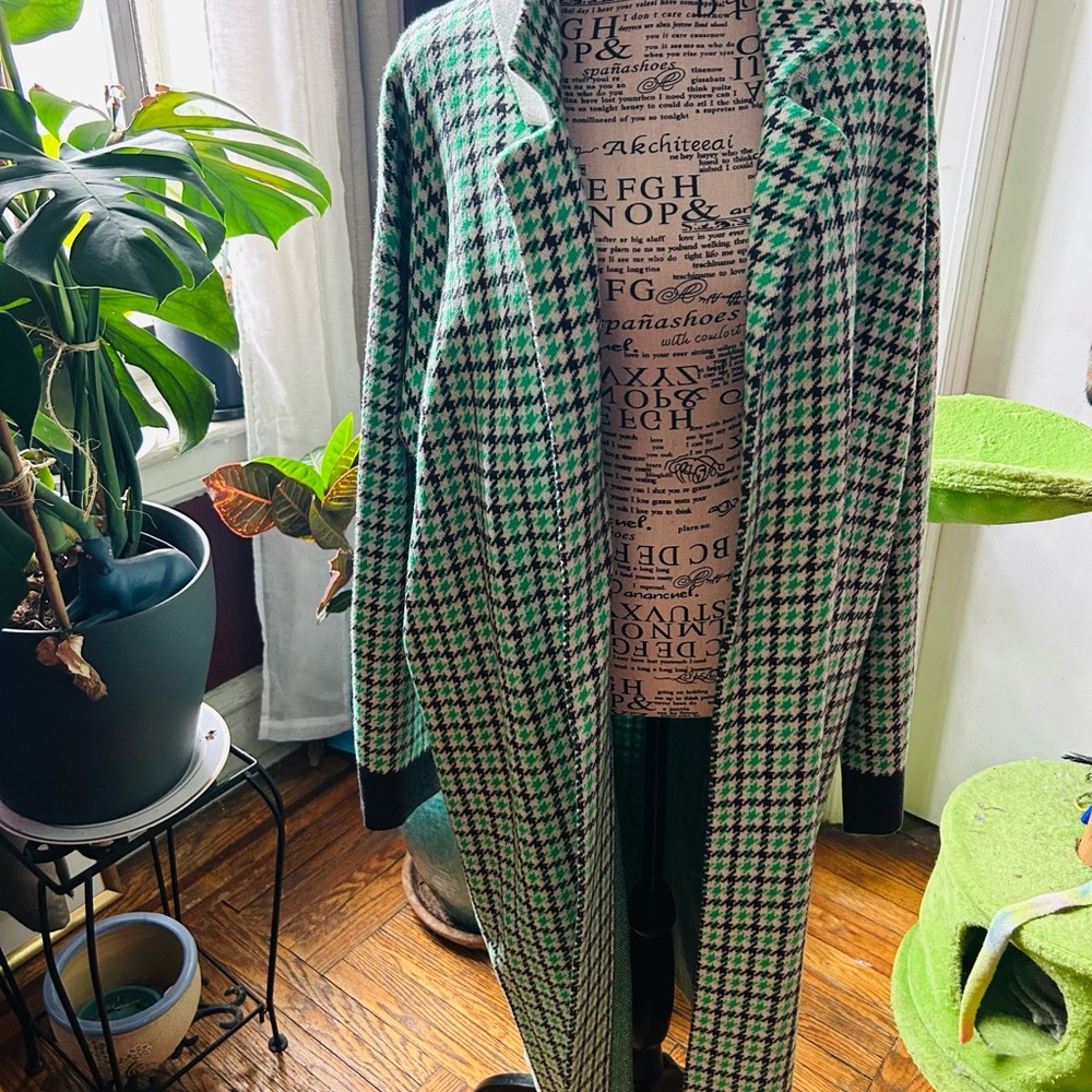 Green and Black Houndstooth Long Coat